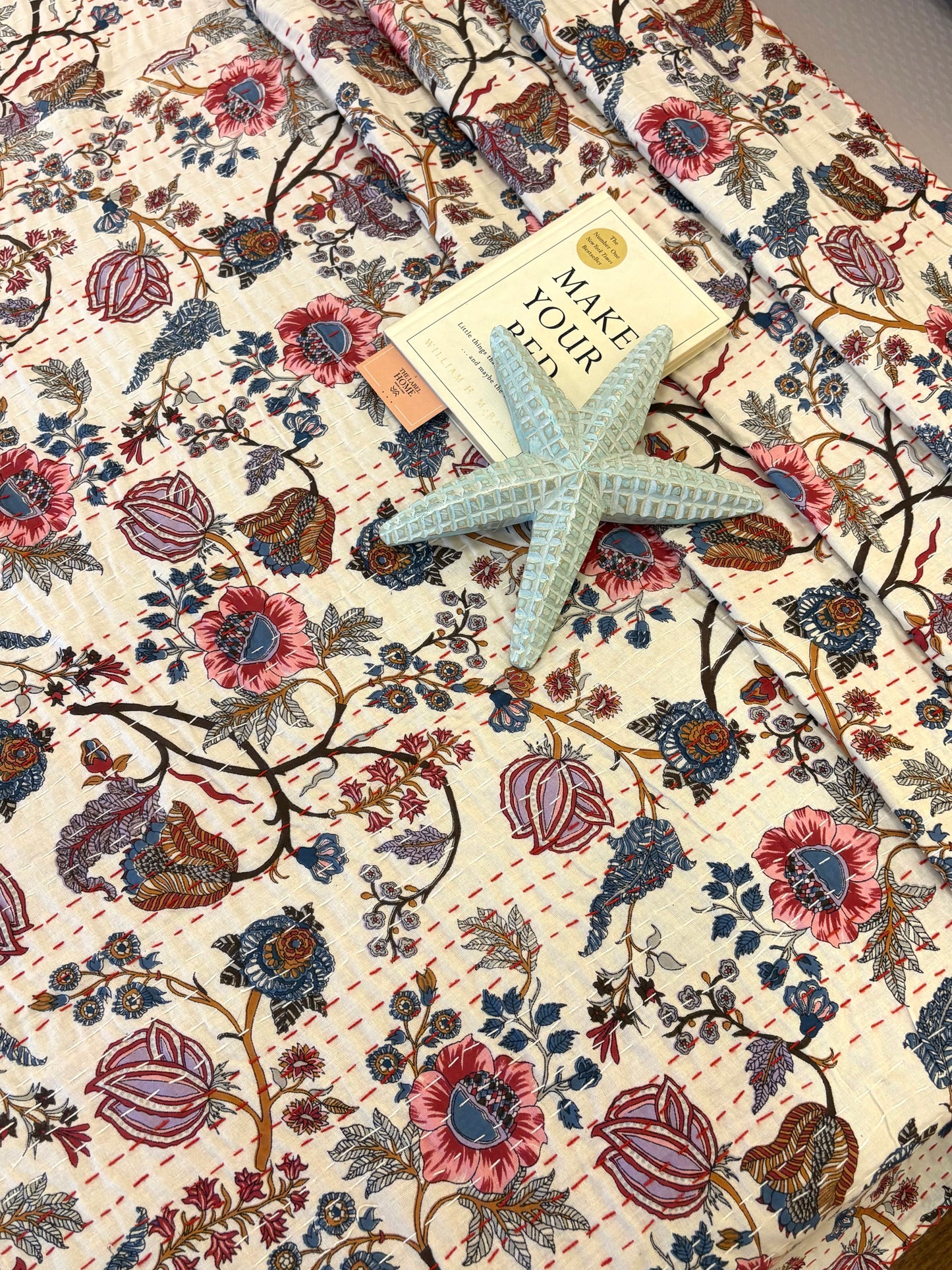 White Floral Braid Kantha Bedcover