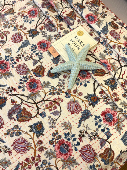 White Floral Braid Kantha Bedcover