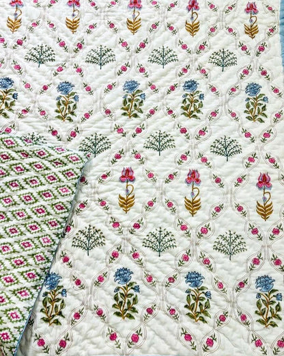 Luxe Summer Light Cotton Muslin Block Printed Quilt - Single Size 60x90 inches-The Label Home