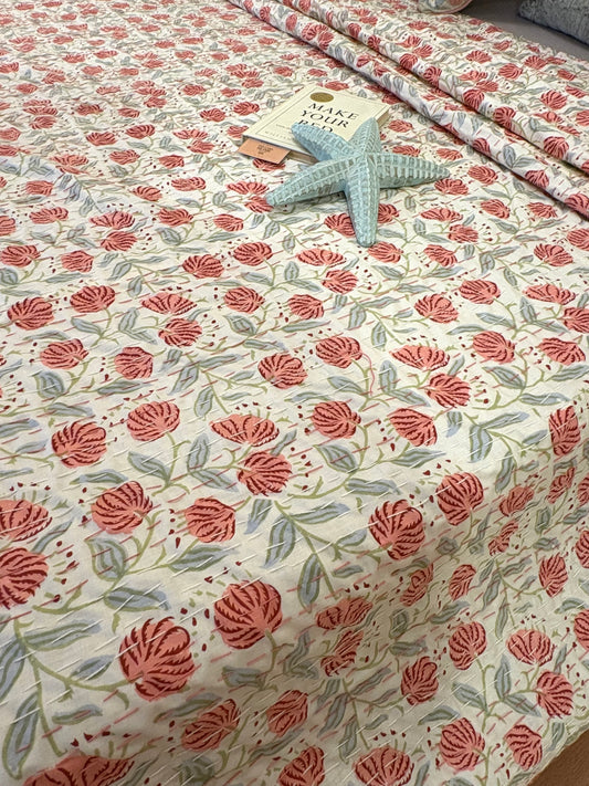 White Peach Floral Kantha Bedcover