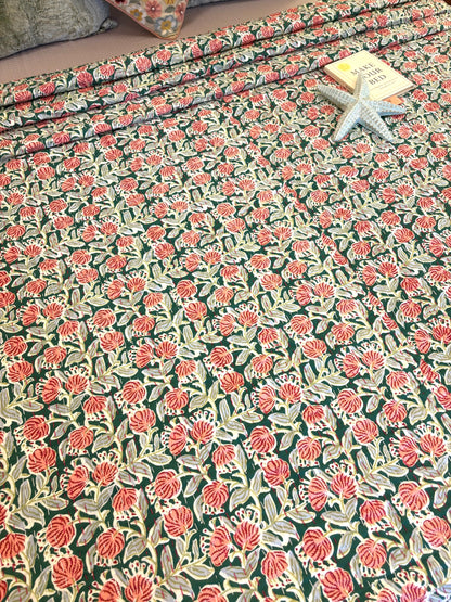 Deep Olive Green Peach Floral Kantha Bedcover