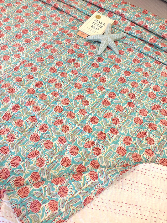 Sea Green Peach Floral Kantha Bedcover