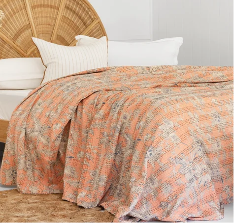 Luxury Soft Peach Kantha Stitch Cotton Bedcover – Handcrafted, Soft & Breathable – King Size