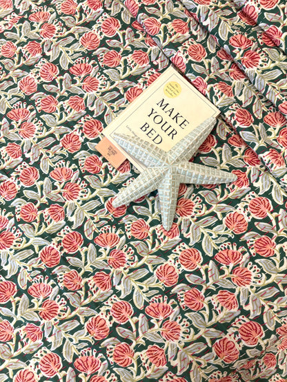 Deep Olive Green Peach Floral Kantha Bedcover