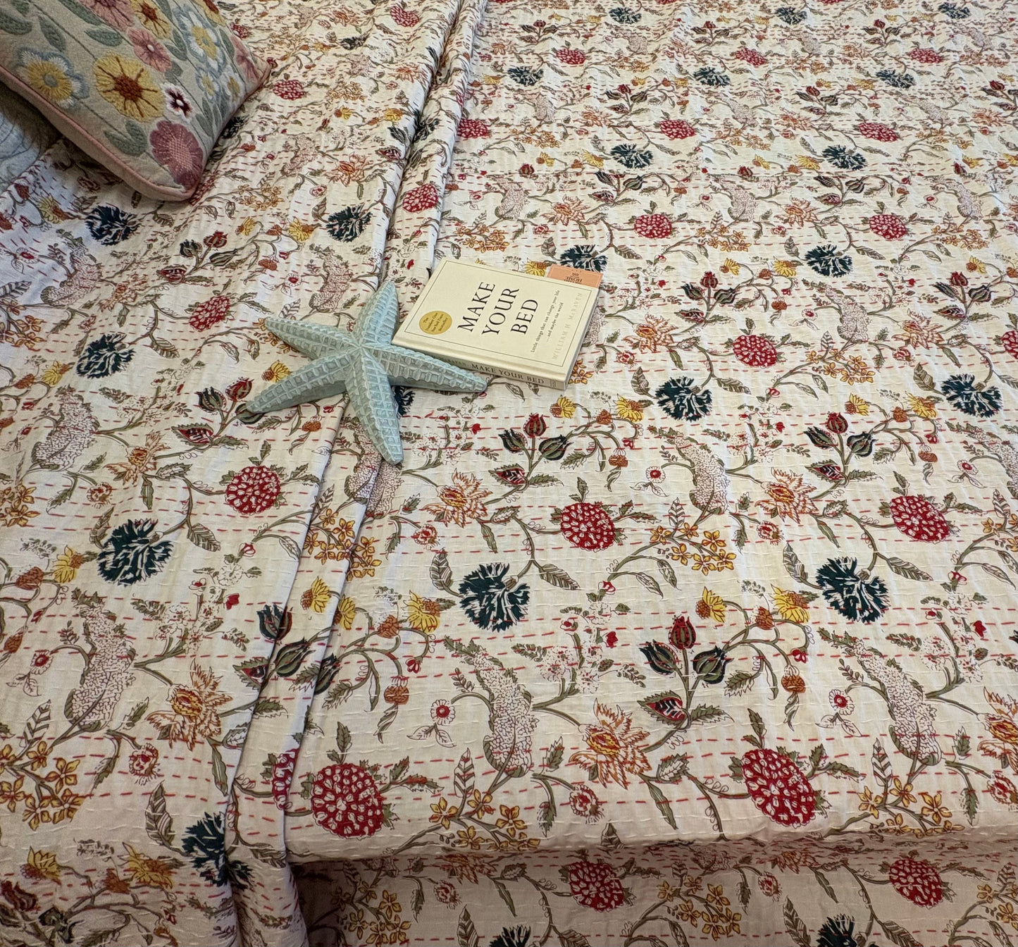 Serene Floral Paradise Kantha Bedcover