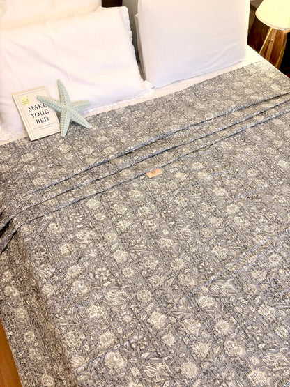 Tusker Grey Kantha Bedcover