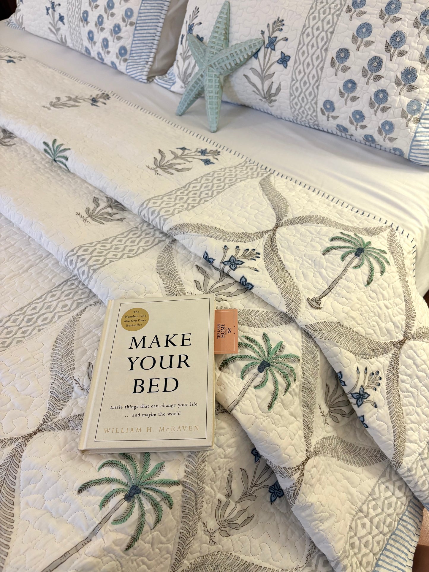 Blue Palm Whisper Quilted Bedcover