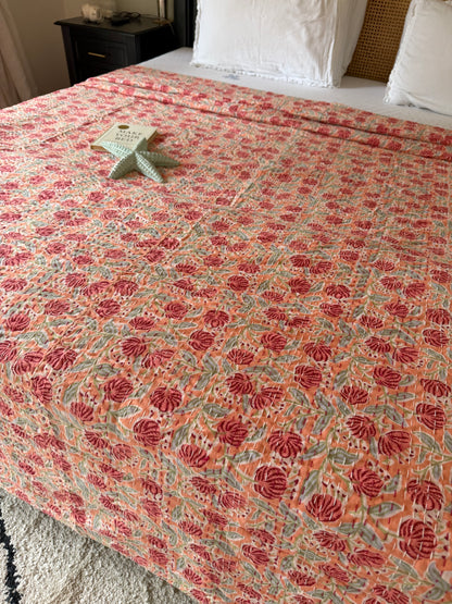 Coral Peach Floral Kantha Bedcover