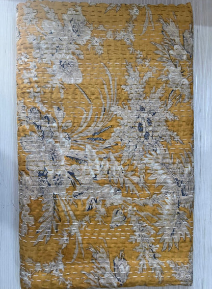 Mustard Red Grey Blue Kantha Bedcover-The Label Home