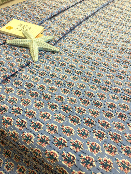 Dusky Blue Motif Kantha Bedcover