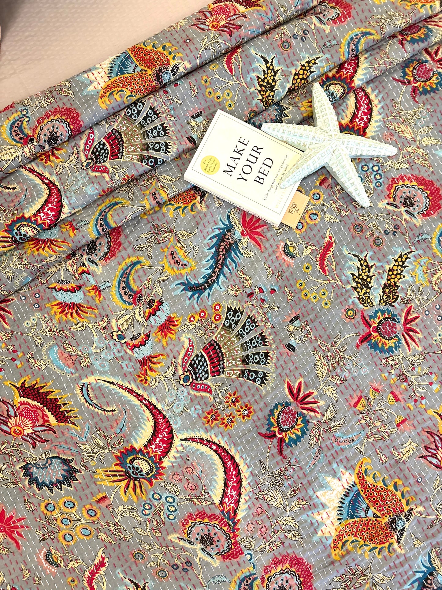 Luxury Grey Floral Kantha Bedcover