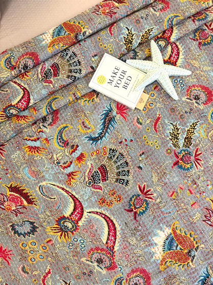 Luxury Grey Floral Kantha Bedcover