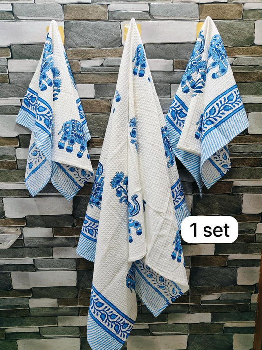 Waffle Blockprint Bath & Hand Towel Set