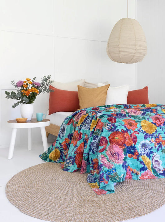 Stunning Floral Bloom Home Kantha Stitch Cotton Bedcover – Handcrafted, Soft & Breathable – King Size