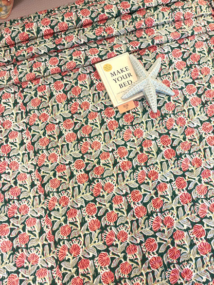 Deep Olive Green Peach Floral Kantha Bedcover