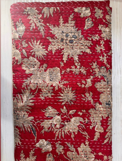 Mustard Red Grey Blue Kantha Bedcover-The Label Home