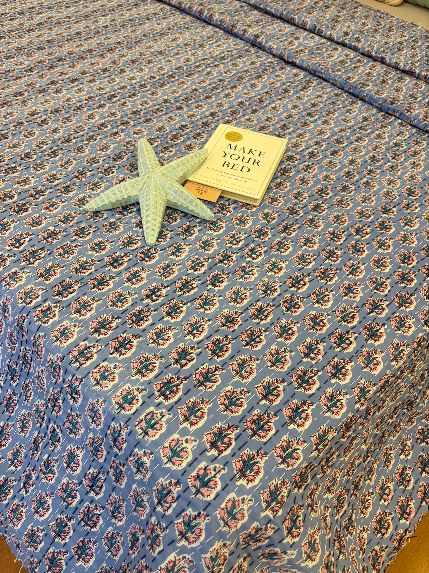 Dusky Blue Motif Kantha Bedcover