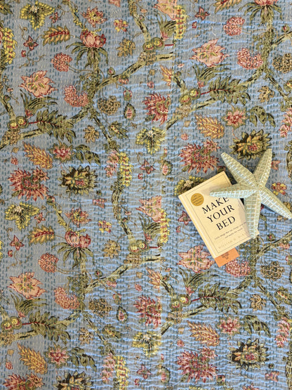 Charming Blue Floral Kantha Bedcover