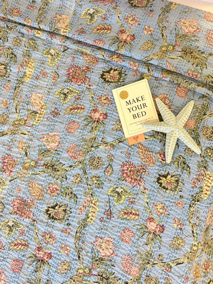 Charming Blue Floral Kantha Bedcover