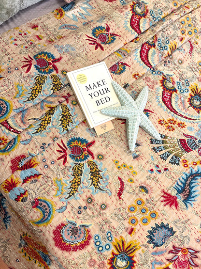 Beige Floral Crown Kantha Bedcover