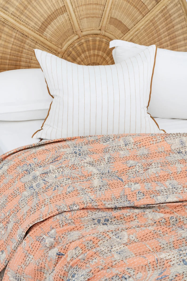 Luxury Soft Peach Kantha Stitch Cotton Bedcover