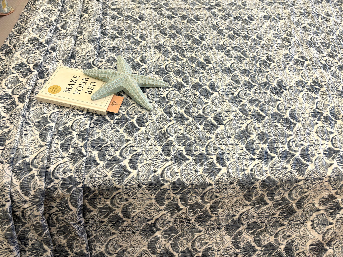 Grey Sea Shells Kantha Bedcover