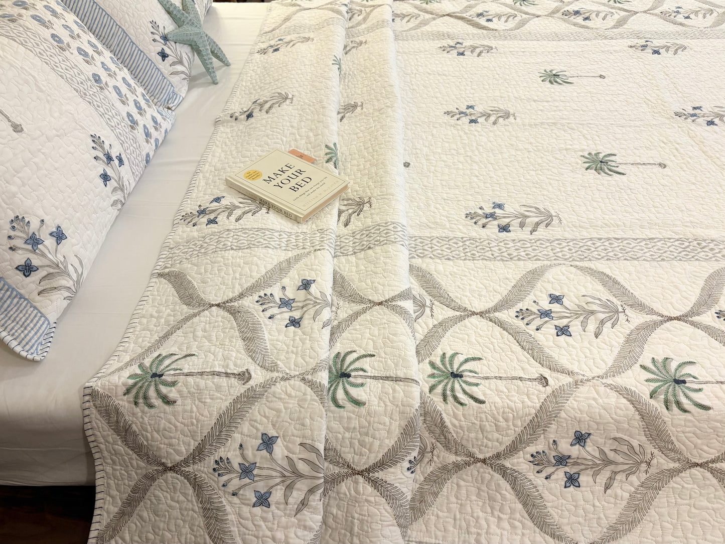 Blue Palm Whisper Quilted Bedcover