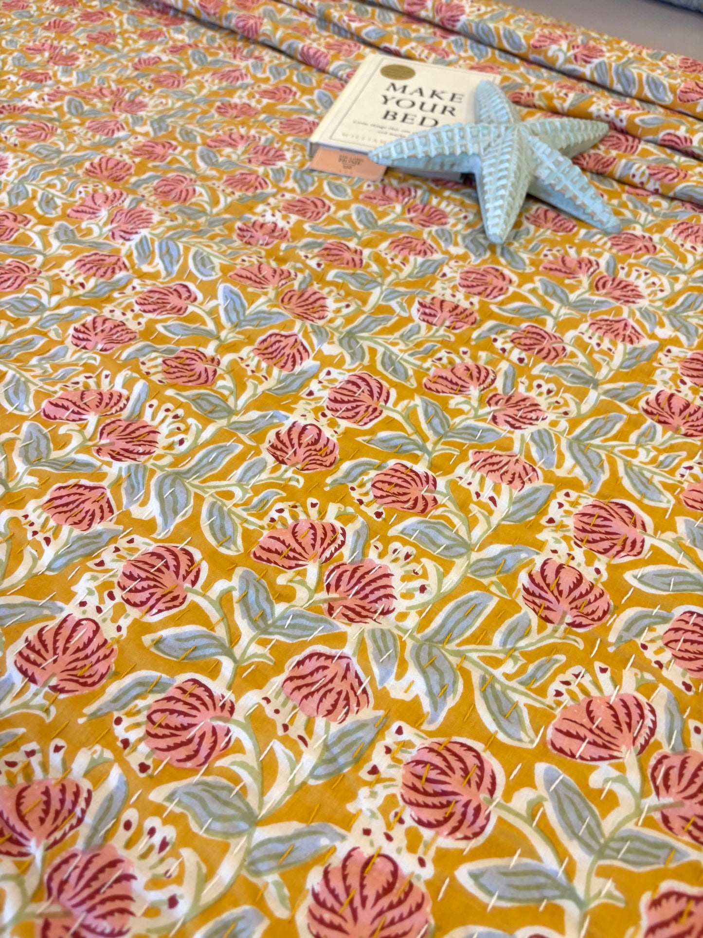 Sunlit Yellow Orange Peach Floral Kantha Bedcover