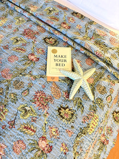Charming Blue Floral Kantha Bedcover