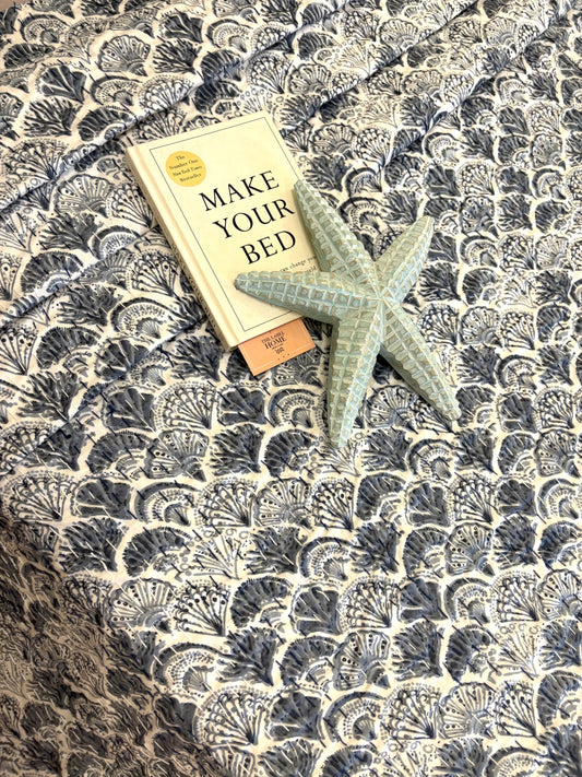 Grey Sea Shells Kantha Bedcover