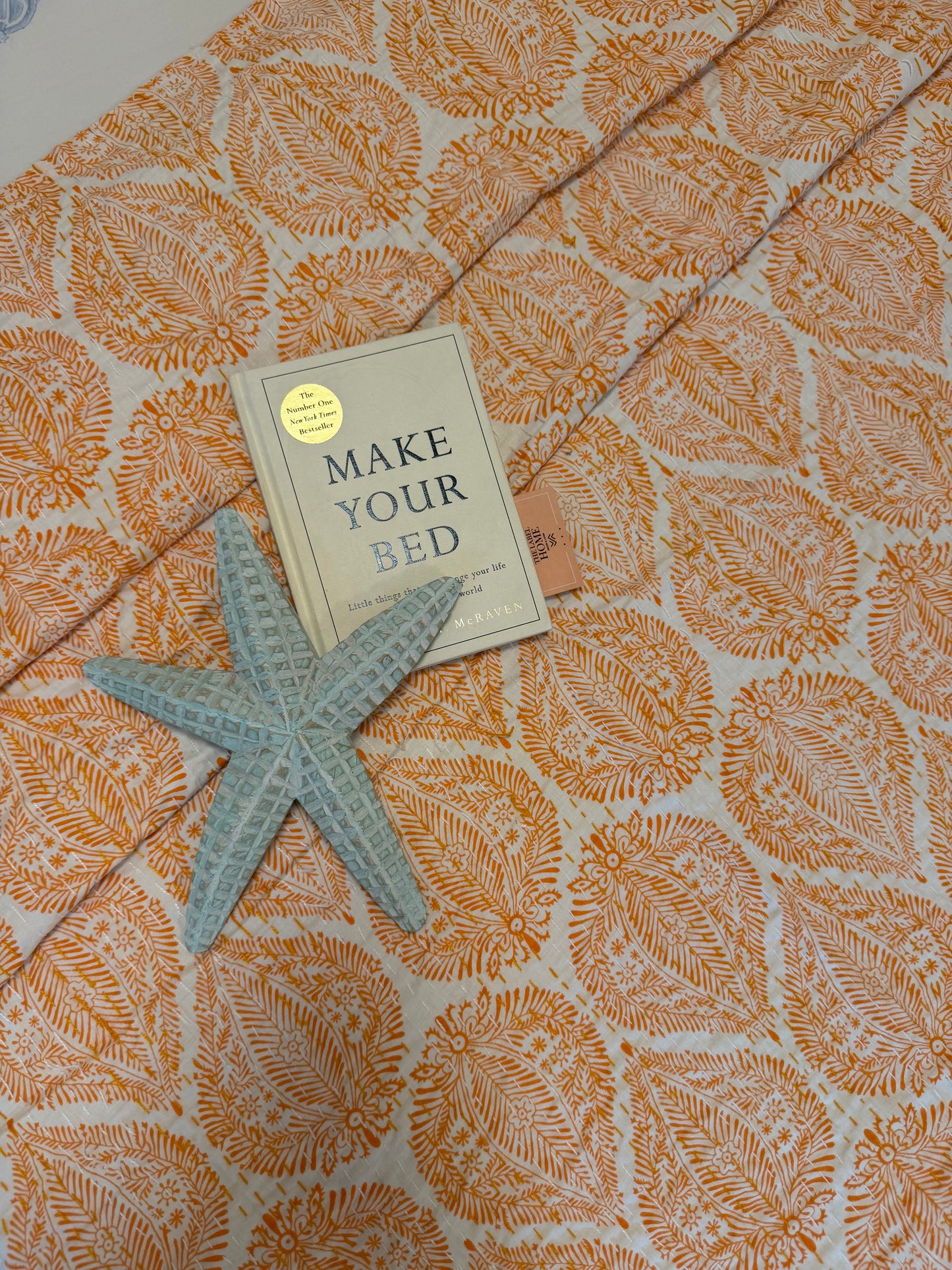 Orange White Motif Kantha Bedcover