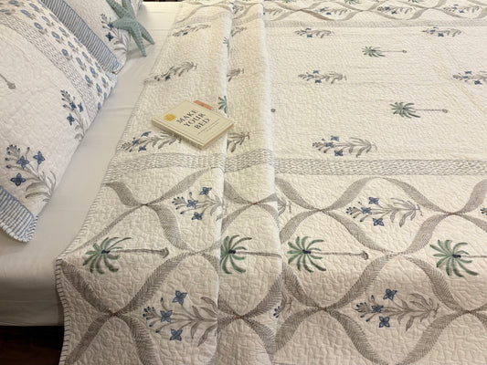 Blue Palm Whisper Quilted Bedcover