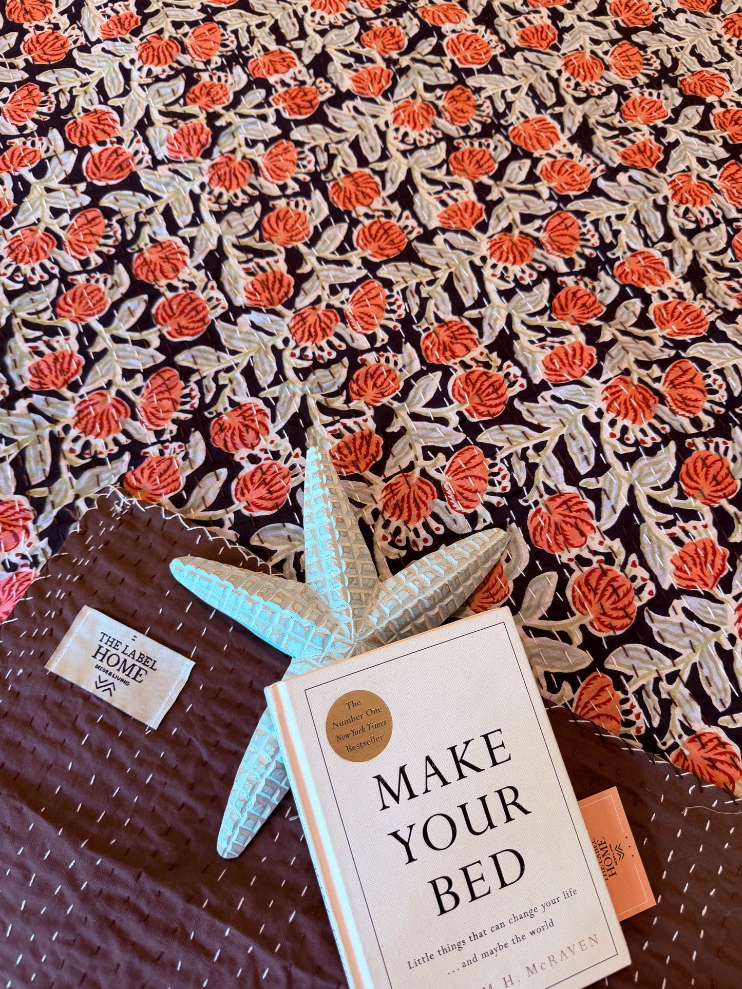 Midnight Coral Kantha Bedcover
