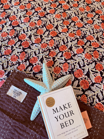 Midnight Coral Kantha Bedcover