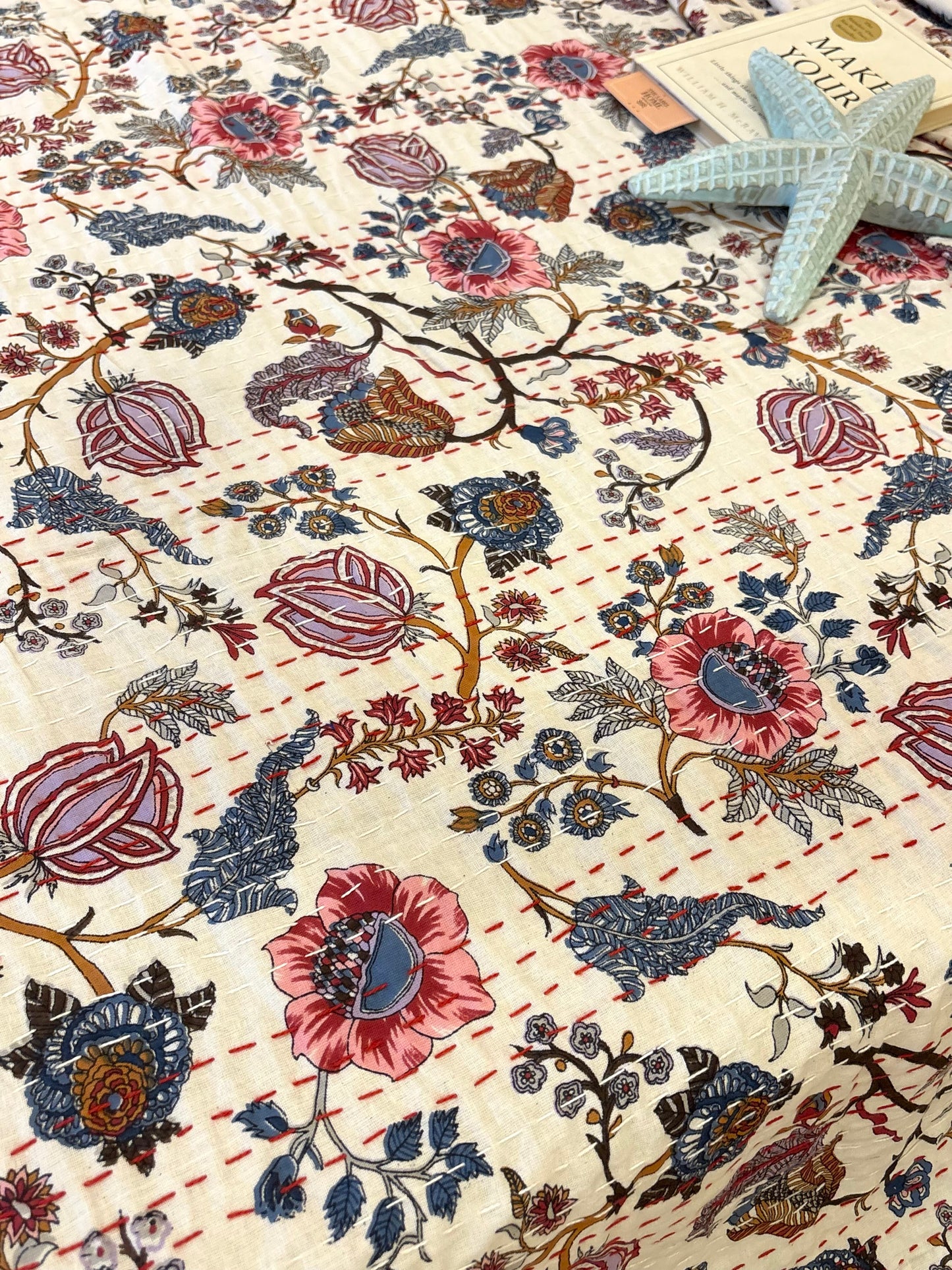 White Floral Braid Kantha Bedcover