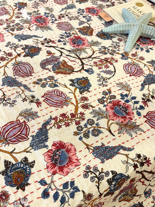 White Floral Braid Kantha Bedcover