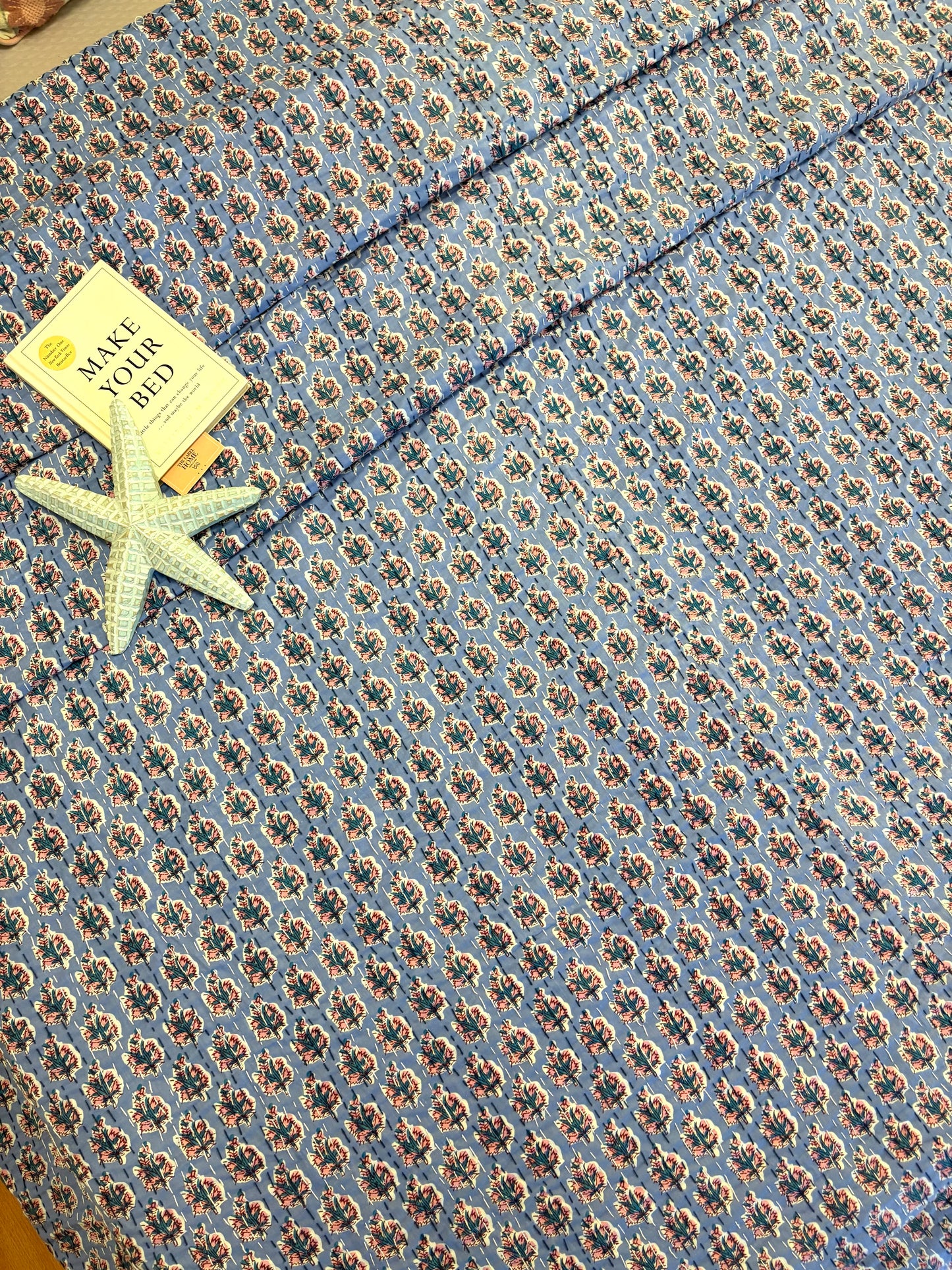 Dusky Blue Motif Kantha Bedcover