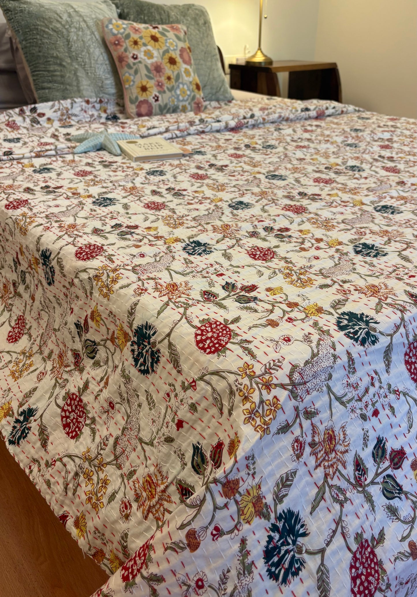 Serene Floral Paradise Kantha Bedcover