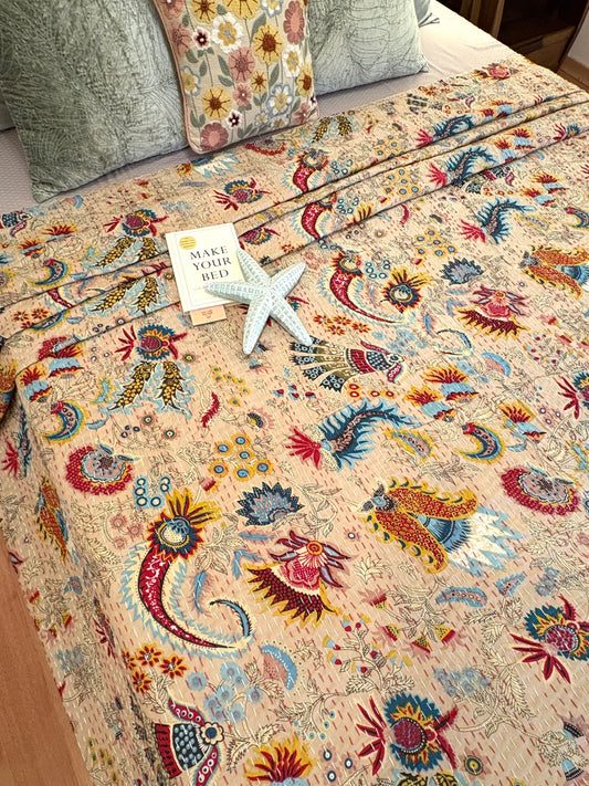 Beige Floral Crown Kantha Bedcover