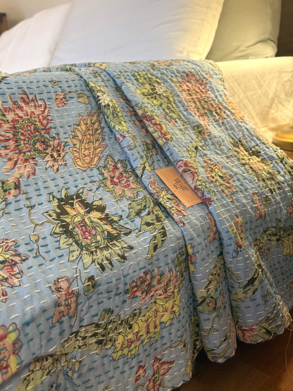 Charming Blue Floral Kantha Bedcover