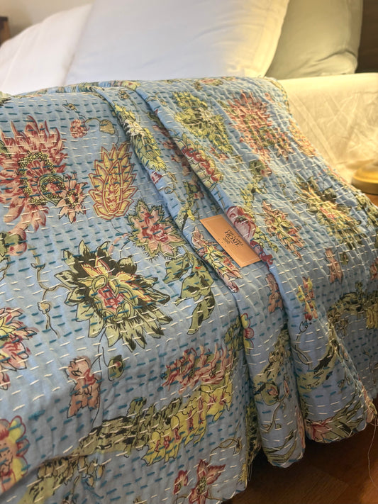 Charming Blue Floral Kantha Bedcover