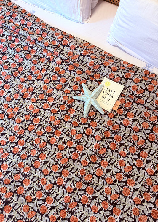 Midnight Coral Kantha Bedcover