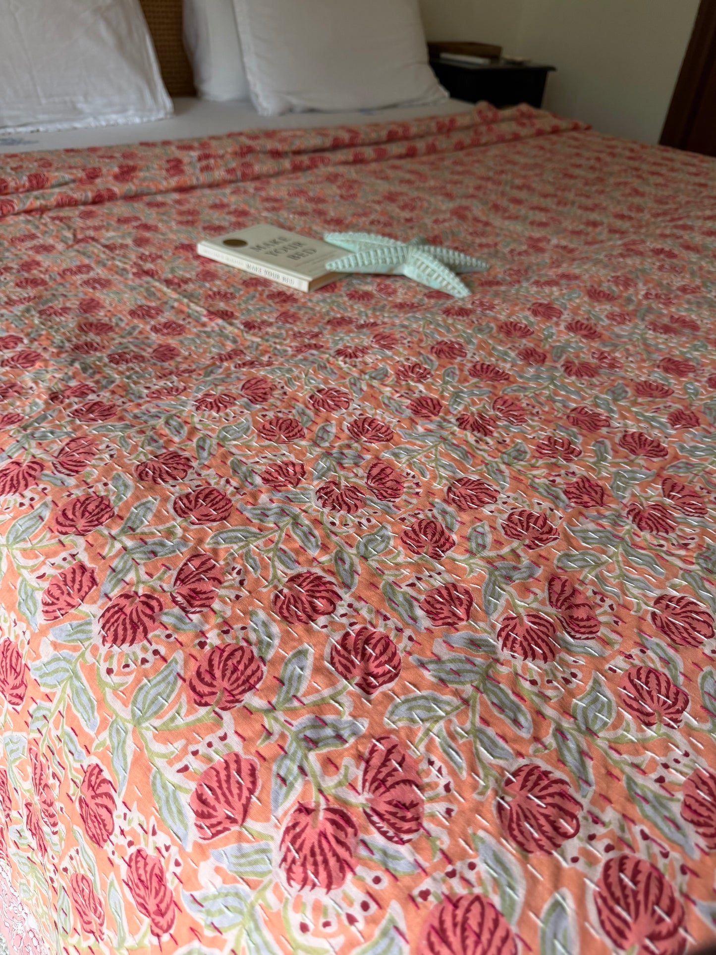 Coral Peach Floral Kantha Bedcover