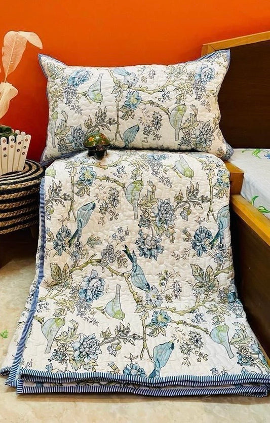 Blue Birds Spring Premium Quilted Mulmul Voile Bedcover Comforter (Reversible) Size 90x108 inch and 108x108 inches