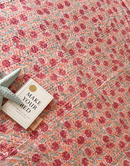 Coral Peach Floral Kantha Bedcover
