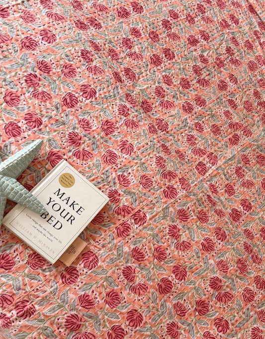 Coral Peach Floral Kantha Bedcover