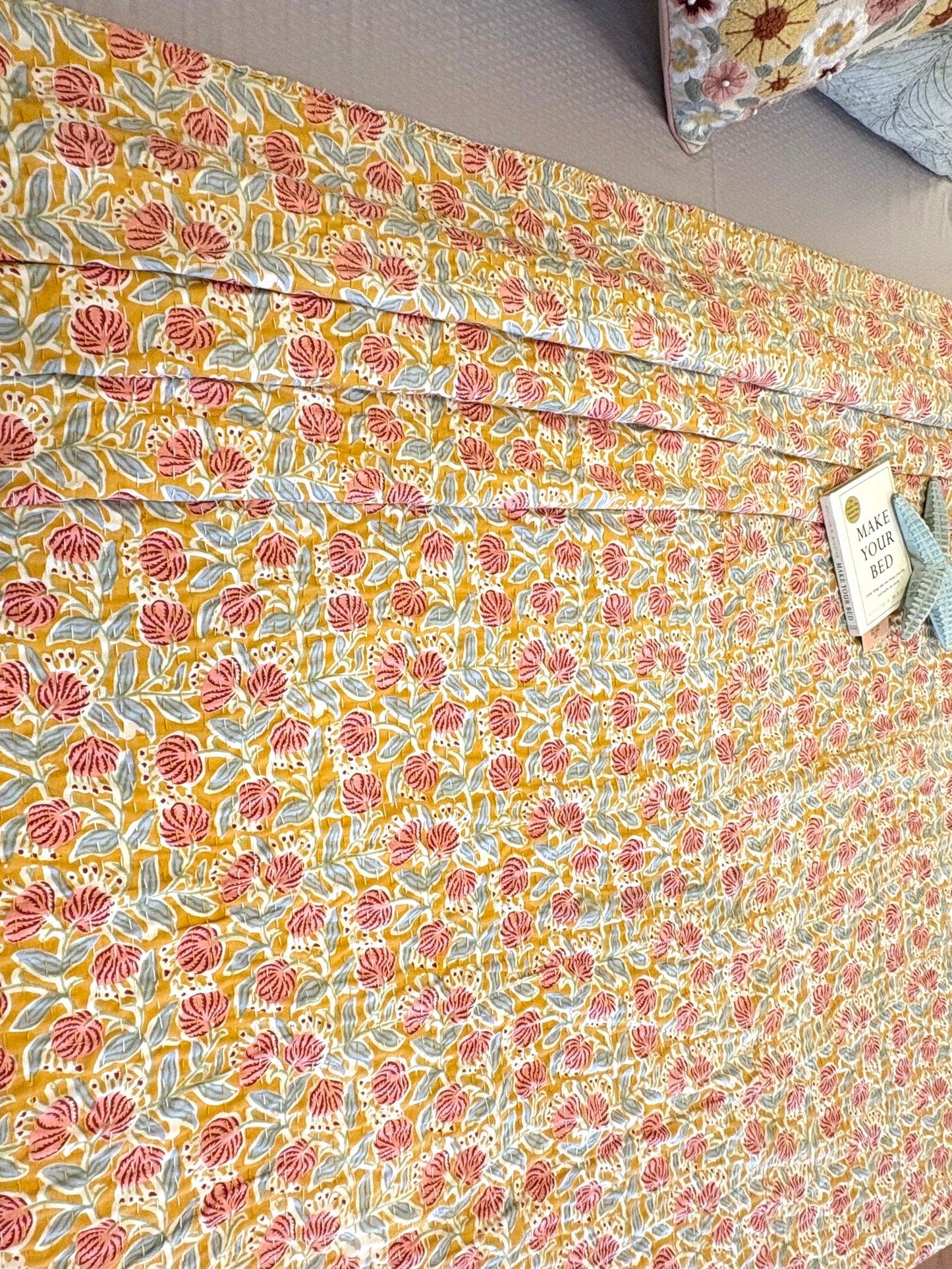 Sunlit Yellow Orange Peach Floral Kantha Bedcover