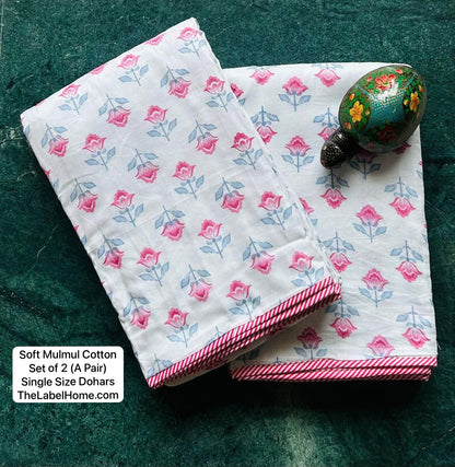 Flower Bloom - MulMul Summer Dohar (Set of 2 Single Cotton Muslin Dohar)-The Label Home