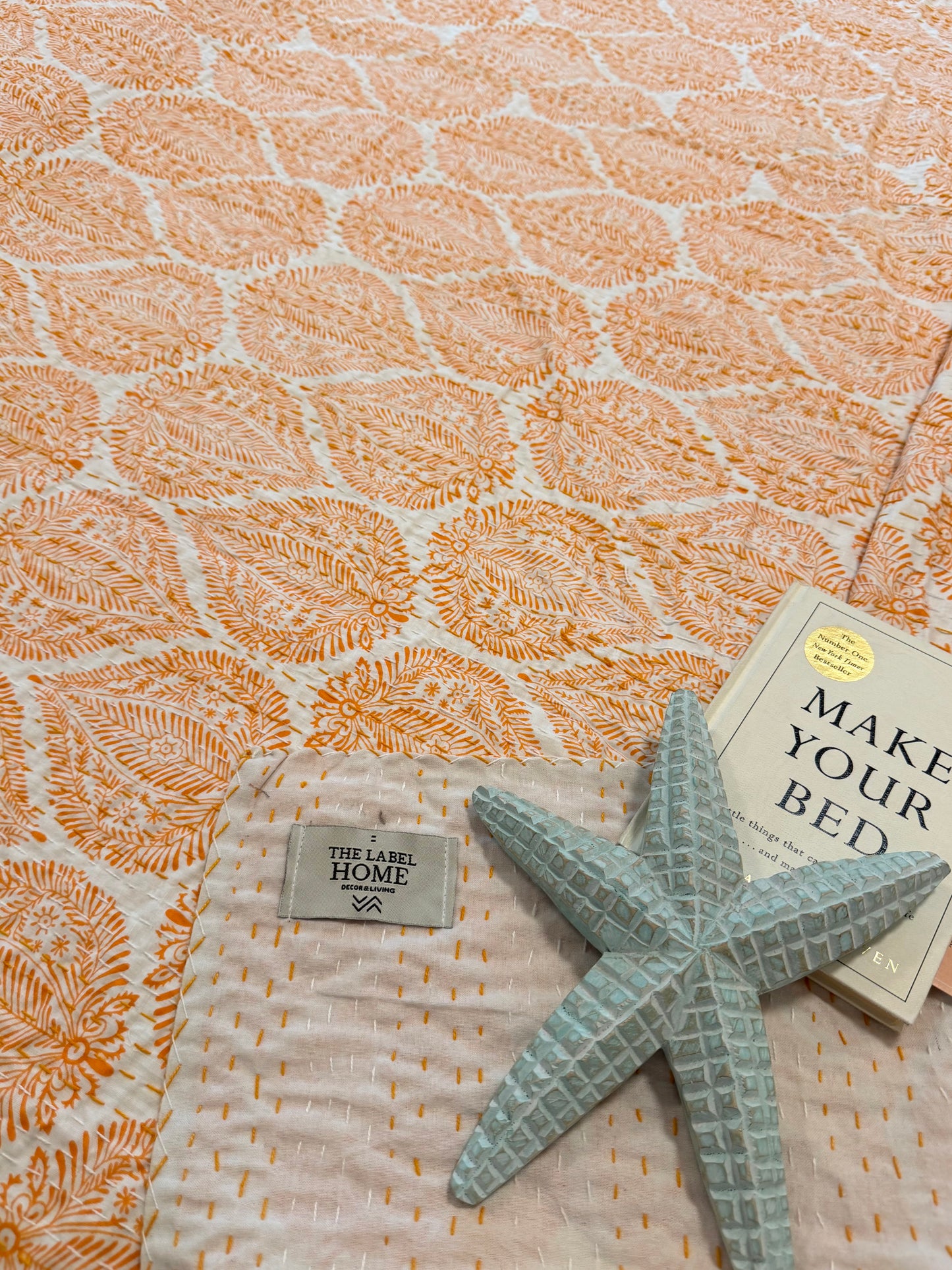 Orange White Motif Kantha Bedcover