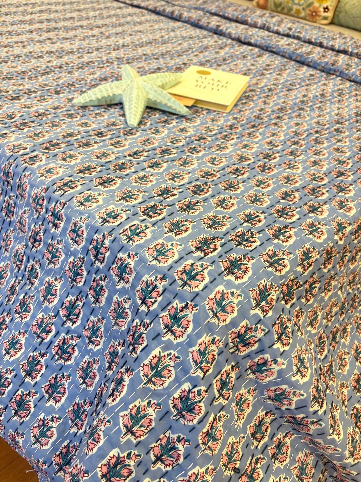 Dusky Blue Motif Kantha Bedcover